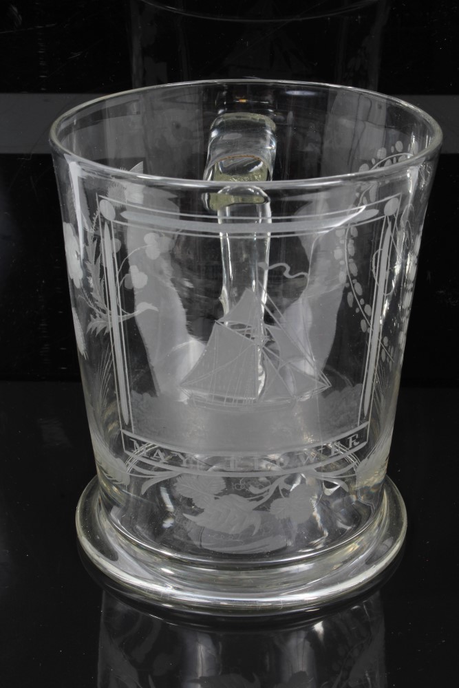 19th century engraved glass tankard engraved with racing yacht entitled May Flower and 'G.C.