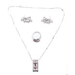 Italian 18ct white gold diamond and pink gem-set suite of jewellery by Benedetti comprising a dress