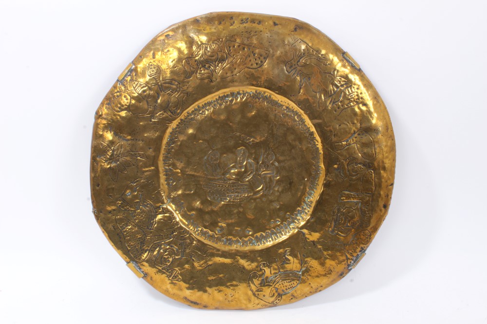 Five 19th Century Indian circular brass temple plates decorated in relief with Gods and figures, - Image 3 of 6