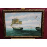 James Hardy twentieth century oil on canvas board - American warships off the coast, signed,