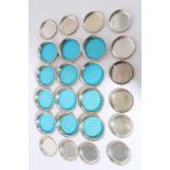 Set of twelve contemporary silver and blue glass coasters (Birmingham 1963) Maker H.C.D.
