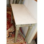 Pair of Rococo-style green and gilt painted console tables each with bevelled rounded rectangular