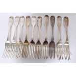 Ten Georgian and Victorian silver fiddle pattern dining forks with engraved armorial crests or