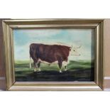 Nineteenth century English school oil on tin panel - a bull in landscape, in gilt frame,