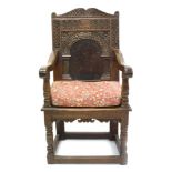 Good bog oak and holly inlaid wainscot chair,