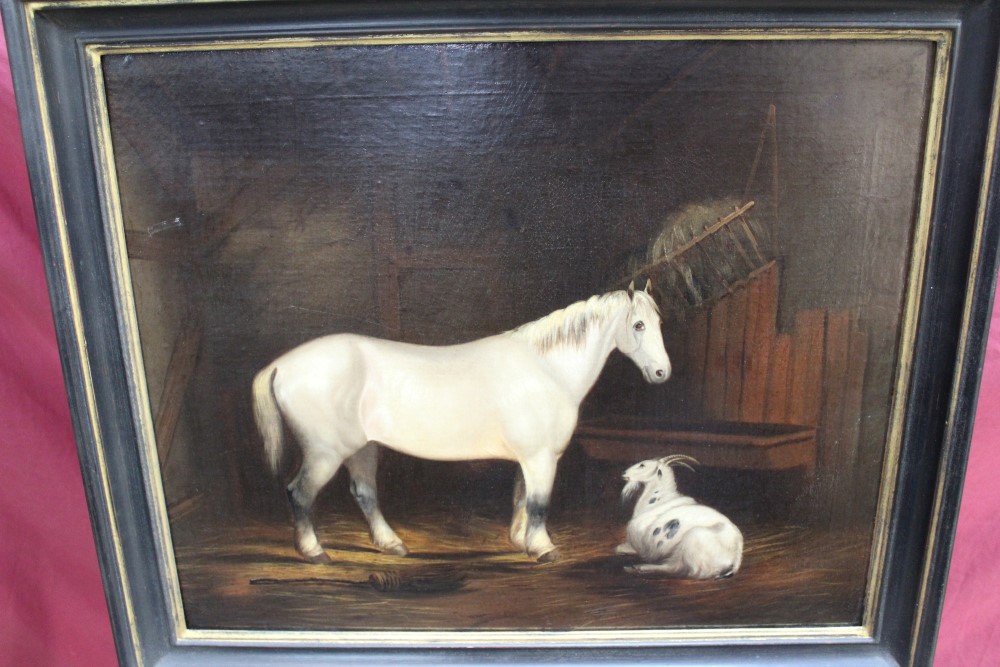 Nineteenth century English school oil on canvas - stable interior with a grey horse and goat, - Image 3 of 4