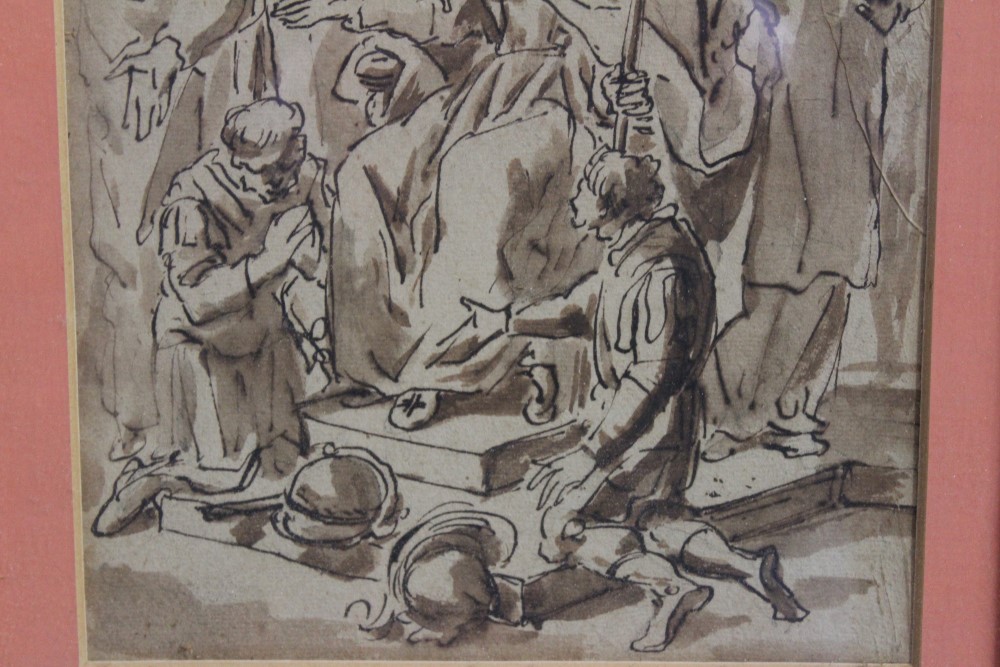 Eighteenth century French Old Master-style pen, ink and wash drawing - a Bishop and attendants, - Image 3 of 3