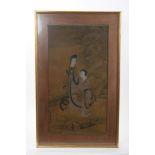 Antique Chinese painting on silk depicting noblewoman and attendant on a path, signed,