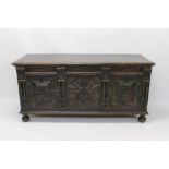 Charles II-style geometric moulded coffer, moulded lid hinging on pin,