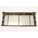 Regency black lacquered triple plate overmantel mirror with gilt heightened split pilaster surround,