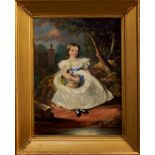 Early nineteenth century English school oil on canvas - portrait of Sarah Ann Russell seated by a