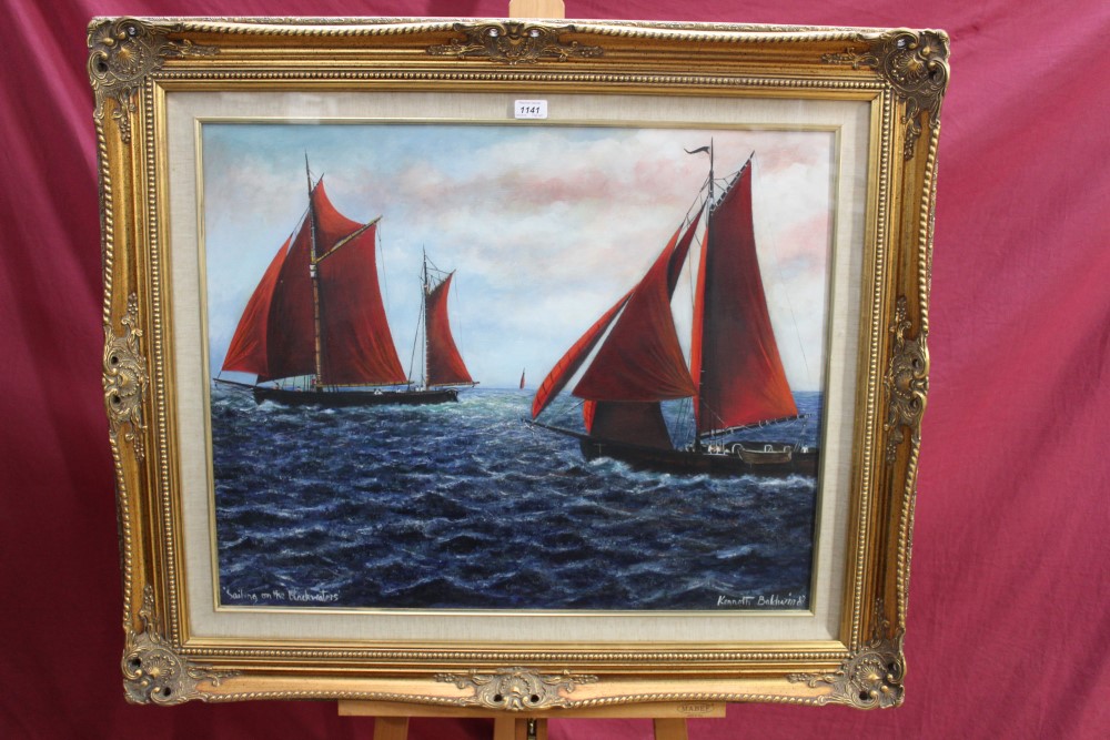 Kenneth Baldwin oil on board - Sailing Barges On The Backwaters Off West Mersea, signed,