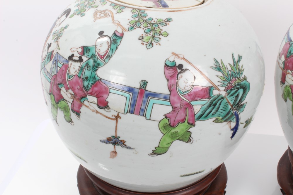 Pair late 19th / early 20th century Chinese export baluster jars and covers with famille rose - Image 3 of 16