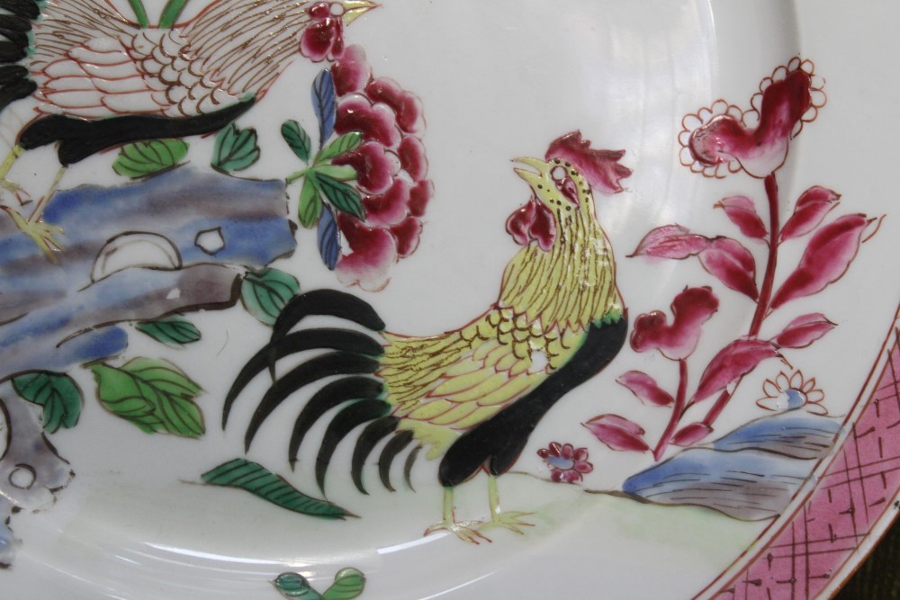 Mid-18th century Chinese export famille rose porcelain plate painted with cockerels on rock with - Image 5 of 13