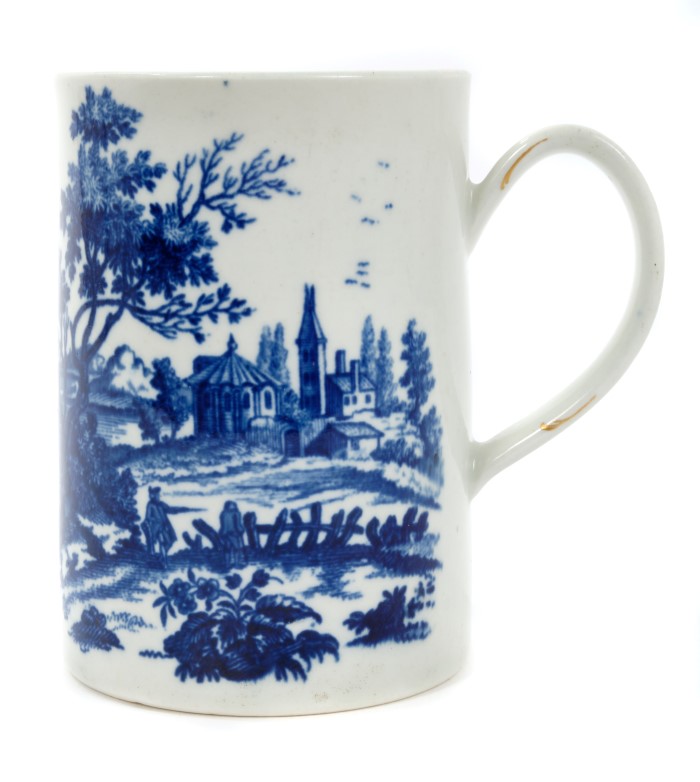 18th century Worcester blue and white mug with printed European landscape group pattern decoration,