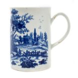 18th century Worcester blue and white mug with printed European landscape group pattern decoration,