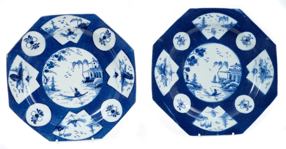 Pair 18th century Bow powder blue ground octagonal plates with Chinese landscape and floral