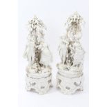 Pair 19th century Naples-style blanc-de-chine figures of courting couples under trees,