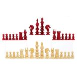 Fine quality 19th century Anglo Indian carved and red stained ivory chess set,