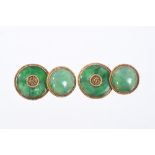 Pair Chinese gold and green jade / hardstone cufflinks with circular panels and gold mounts.