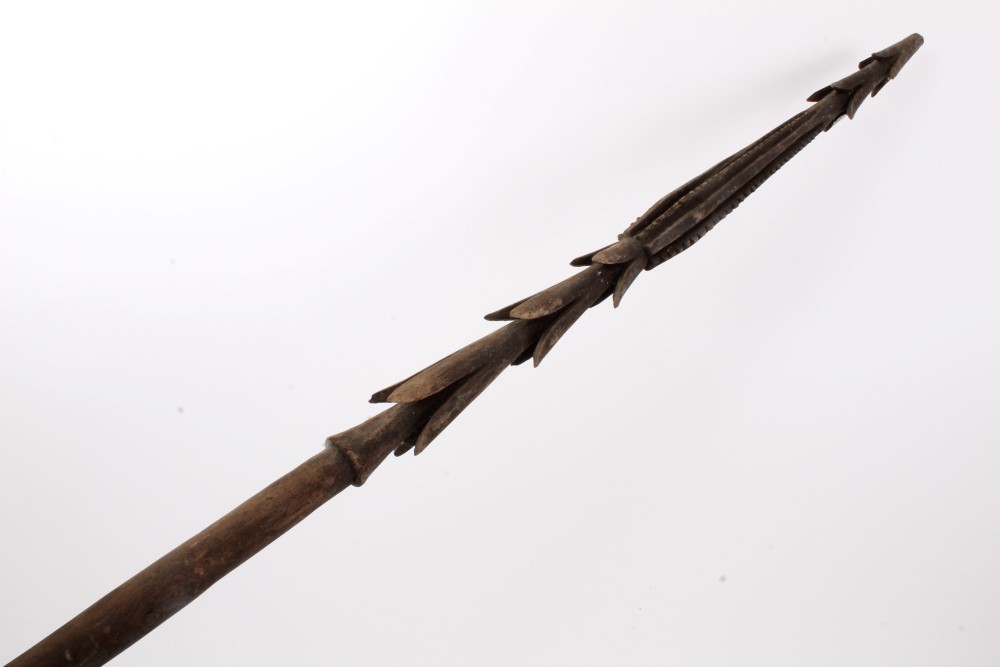 Very long Oceanic Polynesian fishing spear, typical barbed end and tapering staff, 298cm long.