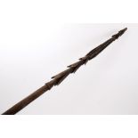 Very long Oceanic Polynesian fishing spear, typical barbed end and tapering staff, 298cm long.