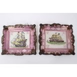 Pair Victorian pink and copper lustre plaques decorated in colours with 'The Great Eastern Steam