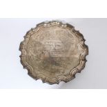 Large 1920s silver salver of circular form, with engraved presentation inscription,