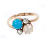 Edwardian diamond, turquoise and mother of pearl crossover ring in gold setting.