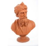 19th century red terracotta bust of a Greek philosopher, on socle base,
