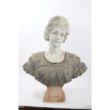 Classical-style carved white marble and variegated marble bust of a young woman,