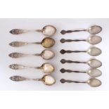 Set of six American sterling silver souvenir coffee spoons with mining related decoration,