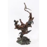 Highly unusual 20th century cold-painted bronze sculpture depicting a swirling gathering of animals,