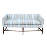 Good quality sofa, square back with fine silk striped upholstery and matching bolsters,
