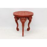 Antique Anglo-Indian red lacquered elephant table with concentric carved circular top raised on