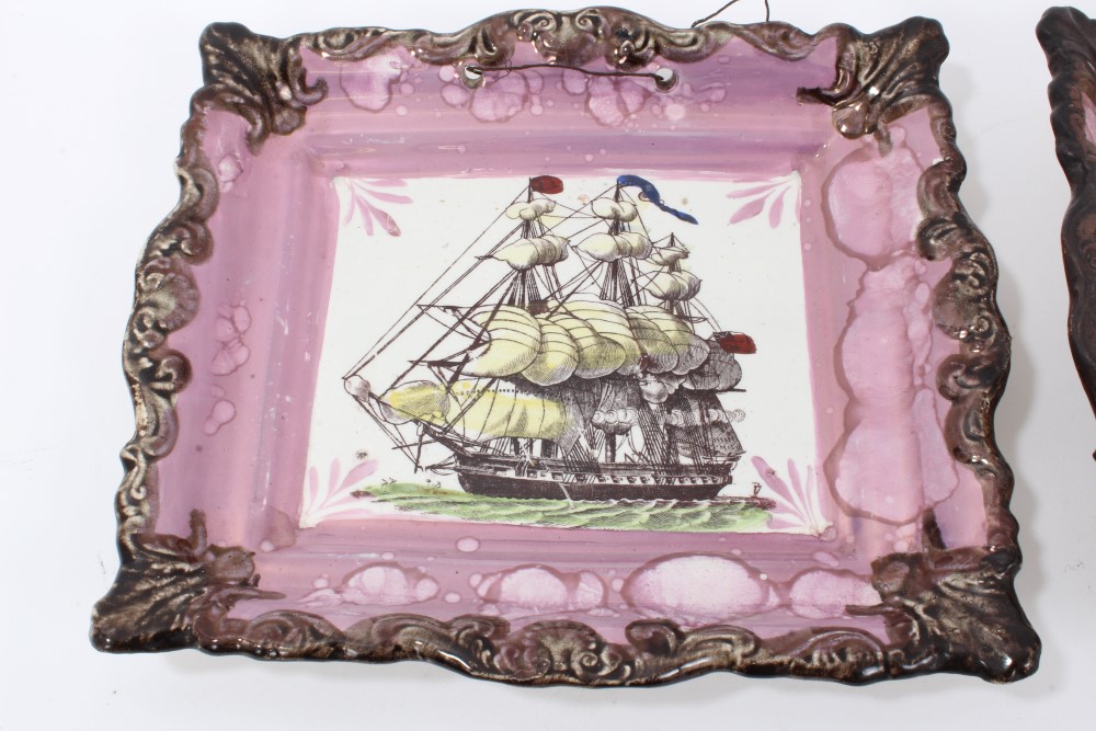 Pair Victorian pink and copper lustre plaques decorated in colours with 'The Great Eastern Steam - Image 2 of 5