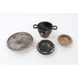 Ancient Italian pottery group comprising a black glazed twin handled vessel,