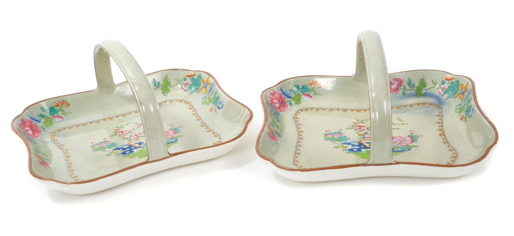 Pair early 19th century Spode rectangular baskets with printed Chinese floral decoration on pale