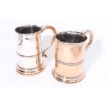 Victorian silver plated mug of cylindrical form, with raised central band and scroll handle,