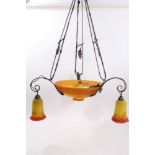Early 20th century French glass and wrought iron ceiling light in the Art Nouveau tradition,