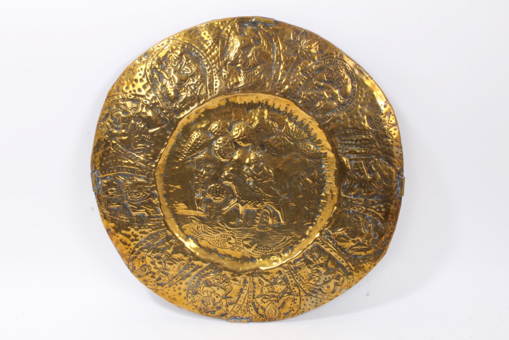 Five 19th Century Indian circular brass temple plates decorated in relief with Gods and figures, - Image 5 of 6