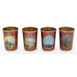 Set of four early 20th century Russian or Latvian enamelled silver vodka cups each marked 875 with