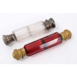 Victorian ruby glass double ended scent bottle, with gilt metal mounts, 13cm long,