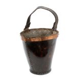 18th / 19th century stud-closed leather and copper bound fire bucket of typically tapered form,