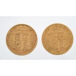Two Victorian gold half sovereigns with shield backs,