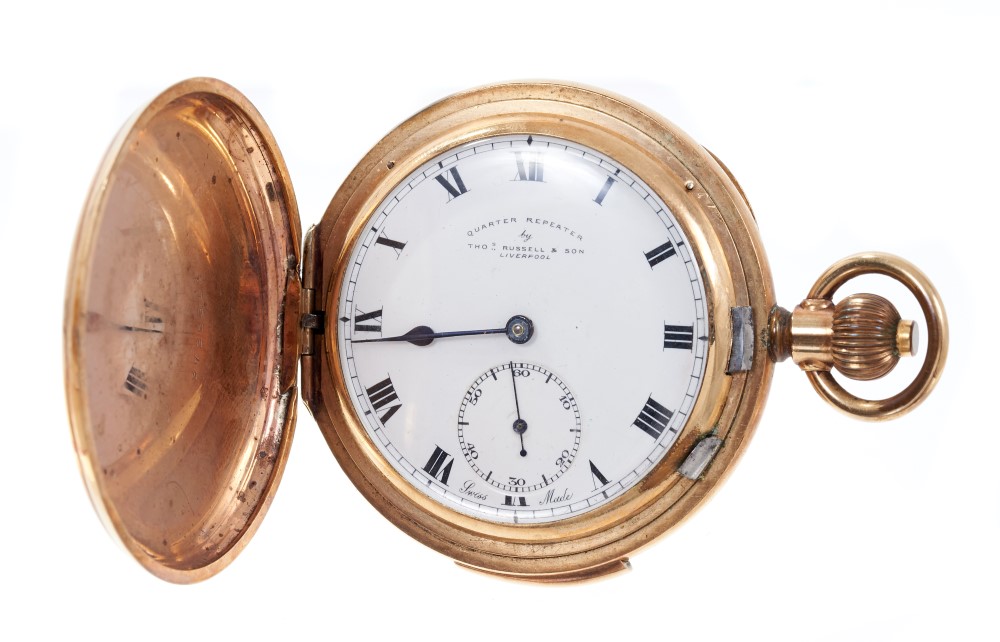 Edwardian gold plated quarter repeating hunter pocket watch by Thomas Russell & Sons, Liverpool,