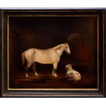 Nineteenth century English school oil on canvas - stable interior with a grey horse and goat,