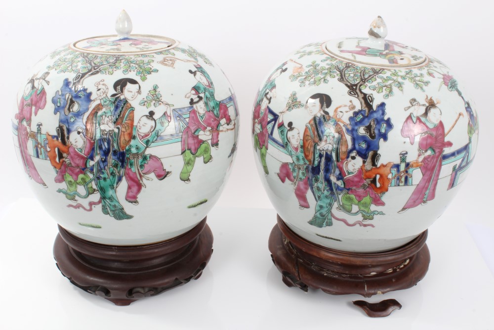 Pair late 19th / early 20th century Chinese export baluster jars and covers with famille rose