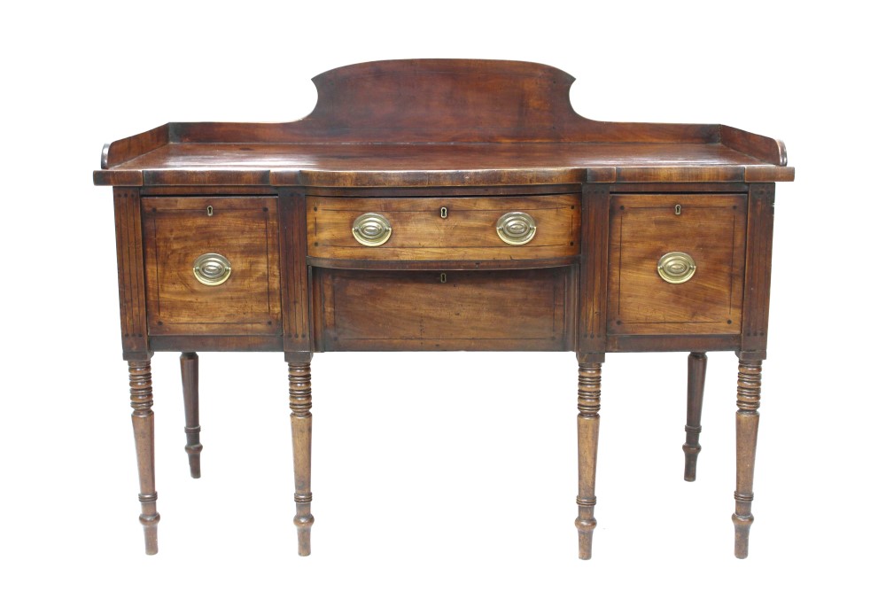 Regency mahogany and ebony line-inlaid bowed breakfront sideboard with three-quarter gallery and