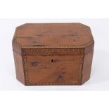 Rare early 19th century yewwood and chequer inlaid tea caddy of canted rectangular outline,